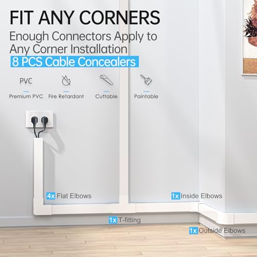 Yecaye Cord Hider, 113in Large Cord Covers for Wires on Wall, Cord Organizer for 3-4 Wires, Easy Install Cable Management Kit, TV Wire Hider for Home Office, W1.18in H0.67in, White - color: White, size: 113in L x 1.18in W x 0.67in H