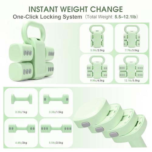 Adjustable 2-in-1 Convertible Kettlebell & Dumbbells Set, 4 in 1 Free Weights Dumbbell Set of 2, Each 2.2 3.3 4.4 5.5lb Quick Change Women Dumbbell Set for Home Exercise Training - color: Green