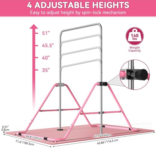 FBSPORT Gymnastics Bar for Kids Adjustable Height Gymnastic Horizontal Bar | Adjustable height, Supports up to 140 lbs, Junior Training Bar Children Folding Training Monkey Bars for Home Using - color: Pink+Mat