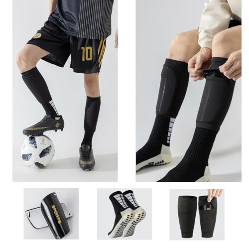 Soccer Socks with Shin Guard for Men, 1 Pairs Mens Grip Soccer Socks and 1 Pairs Shin Sleeves with Shin Guards, Footaball Equipment Shin Sleeves with Pads for Adults - color: A Black