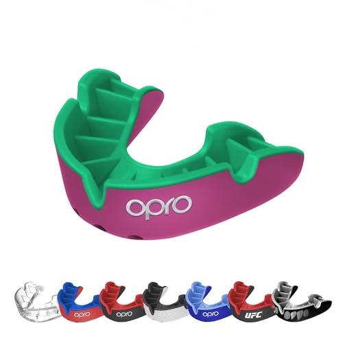 OPRO Silver Level Moldable Mouth Guard Essential Fit (Pink/Green) Adult & Kids Boxing Mouthguard for MMA & Impact Sports, Easy Self-Fit Mouth Guard for Sports, Football & Hockey - Includes Case - color: Pink/Green, size: Adult (Age 10+)