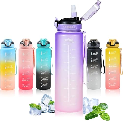 Water Bottle with Straw 1L,Boys Water Bottles with Straw 1 Litre,Waterbottle Leak-Proof Sports Water Bottle,Plastic Drinks Bottles Toxin Free，Bpa-Free (Purple) - color: 06-Purple