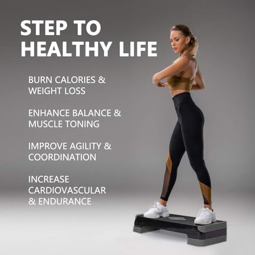 GYMMAGE Adjustable Workout Aerobic Stepper, Aerobic Exercise Step Platform with 2 Risers, Exercise Step Deck for Fitness, 26.5" Trainer Stepper with Non-Slip Surface Home Gym & Extra Risers Options - color: Dark Gray