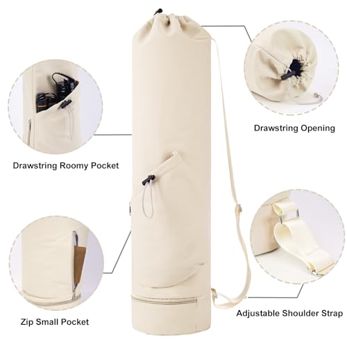 sportsnew Yoga Mat Bag with Water Bottle Pocket & Wet Pocket for Women | Yoga mat carrier fits 1/8"-3/8" yoga mats, quick-access multi-pocket organization, lightweight for gym, Pilates & studio - color: Beige, size: Medium