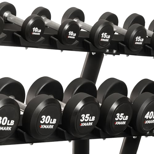 XMARK Dumbbell Weights Sets, 5-50lb and 5-75lb Dumbbell Sets, No Odor, Urethane Dumbbells, Commercial Gym and Home Gym Equipment - color: 05) 5-75lb Round & Classic Rack