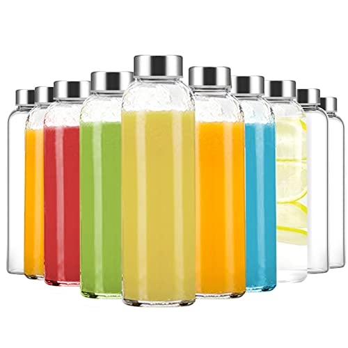 Luxfuel Clear Glass Bottles with Lids, 24oz Glass Water Bottles for Juicing | 100% Leak Proof Reusable Juice Bottle with Stainless Steel Cap for Smoothie, Milk, Refrigerator, Dishwasher Safe, Set of 10 - color: Clear Glass Bottle 10Pack, size: 24 Ounces