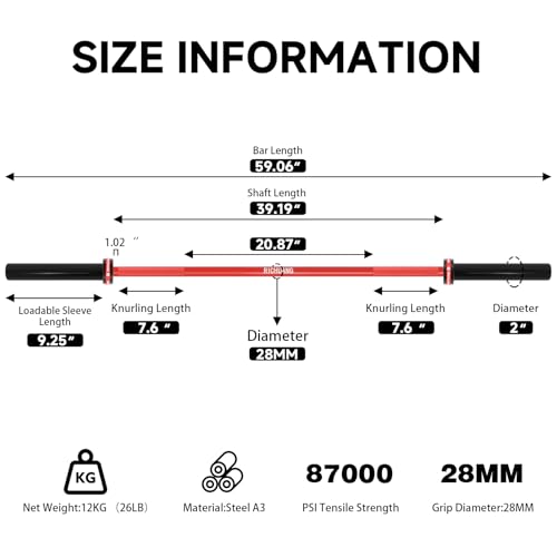Ceramic Olympic Barbell 4/5/6FT – Short 2" Bar for Home Gym | Alloy/A3/45 steel. 400-500LB. 28mm knurled grip. Brass bushings. Squat, bench, deadlift, hip thrust. Fits standard plates. - color: Red, size: 5FT-500LBS
