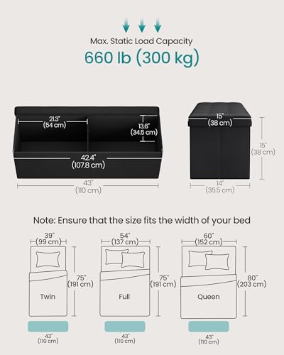 SONGMICS MAZIE Collection - 43 Inches Folding Storage Ottoman Bench, Ottoman with Storage, Foot Rest Stool, Load 660 lb, for Living Room, Synthetic Leather, Black ULSF701 - color: Black, size: 15"D x 43"W x 15"H