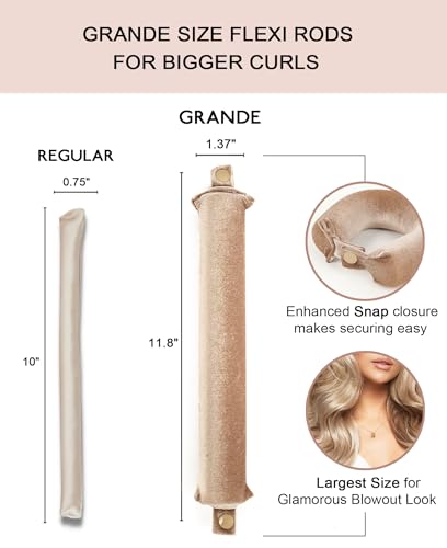 Grande Heatless Curls Overnight Rods - Upgraded Directional Grip Velvet - No Heat Hair Curlers to Sleep, Jumbo Large Hair Rollers Flexible Curling Rods Set for Long Thicker Coarser Hair Blowout Look - color: Champagne