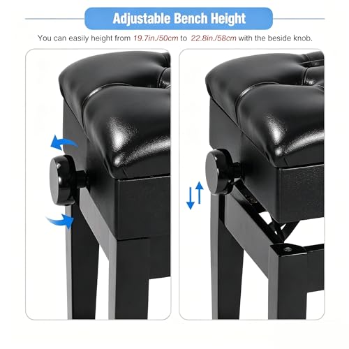 Adjustable Piano Bench with Storage, Glossy PU Leather Keyboard Stool, Heavy Duty Solid Birch Wood, Height Adjustable 19.7‑22.8”, for Home Practice & Studio, Black - color: Black Glossy