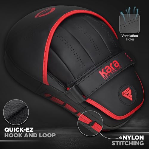 RDX Boxing Pads and Bag Gloves Set, Maya Hide Leather Kara Hook and Jab Training Pads, Curved Focus Mitts for MMA, Muay Thai, Kickboxing Coaching, Martial Arts, Punching Hand Target Strike Shield - color: RED
