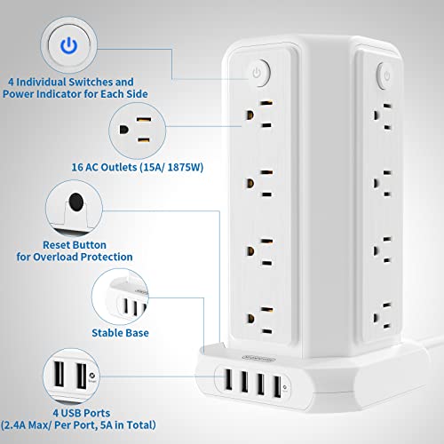 10 FT Extension Cord Power Strip Tower, 16 Widely Outlets 1875W 15A, Flat Plug Surge Protector with 4 USB Ports, Individual Switches, 1080 Joules, Overload Protection for Home Office Desktop, White - color: White, size: 10ft - 16 Outlets 4 USB