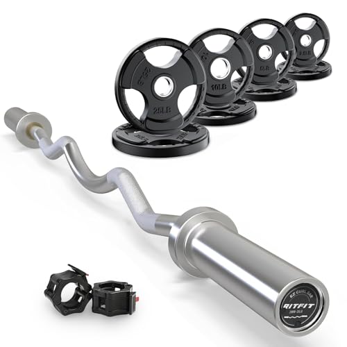 RitFit 2 Inch EZ Curl Bar with Weights, 350LBS Capacity Olympic Barbell for Bicep & Triceps, Home Gym Strength Training - style: Silver(with 85LB Weights and Collar)