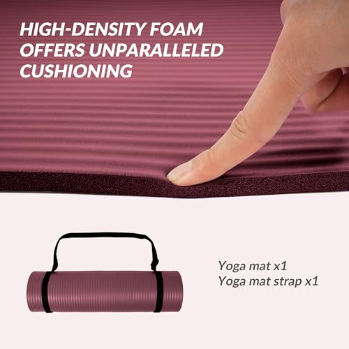 Signature Fitness Extra Thick High-Density Foam Yoga Mat – Multiple Thicknesses (1/2" & 1") / Multiple Colors – Double-Sided Non-Slip Surface – with Carrying Strap for Pilates, Yoga & Home Workouts - color: Burgundy-1/2"thick