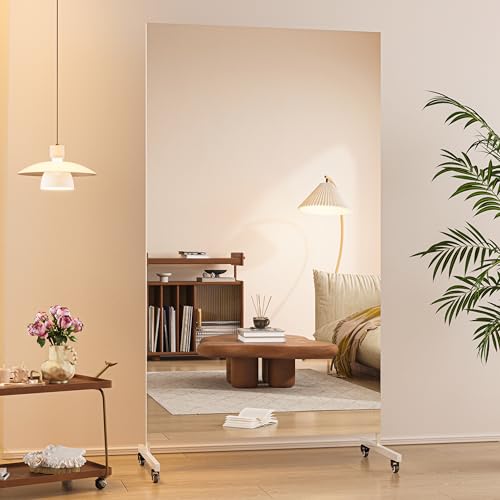 Hasipu 67" x 40" Large Full Length Rolling Mirror with Wheels, White | Tempered glass, sturdy metal frame, smooth rolling casters, removable stand, ideal for gym, bedroom, dance studio & yoga. - color: White, size: 67"L x 40"W