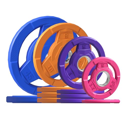 Color Coded 2-Inch Rubber Coated Olympic Grip Plate for Barbell,Solid Cast Iron Weight Plates for Strength Training, Weightlifting, Home Gym, 2.5/5/10/15/25/35/45 LB, Single and Pair - color: 155LB-SET