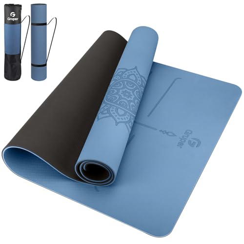 Gruper Yoga Mat Non Slip TPE Extra Wide Yoga Mat with Alignment Mark, 72"L x 32"W x 0.32"/0.24"Th (183cm x 80cm x 8mm/6mm), Anti-Tear Exercise Mat with Carrying Strap and Bag, Workout Mats for Yoga, Pilates - color: Blue Black, size: 0.32*32*72 Inches