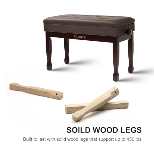 Adjustable Height Piano Bench with Storage, Solid Wood Duet Keyboard Stool, Waterproof Padded Seat Cushion, Multi-Use Bench for Piano, Vanity, Living Room, Bedroom XJ750-4(Brown) - color: Brown