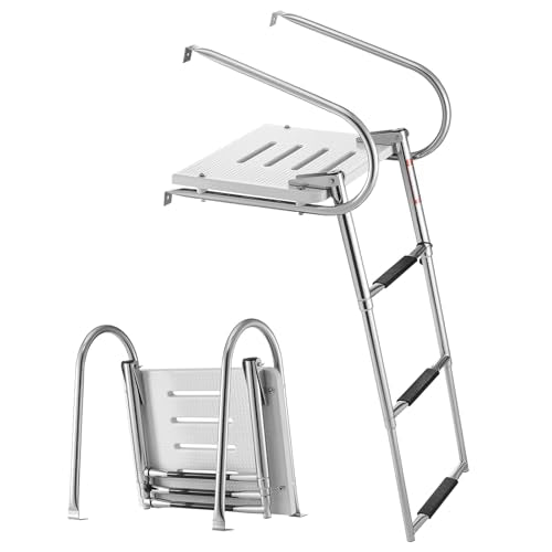 VEVOR Boat Ladder, 3 Steps Stainless Steel Telescoping Folding Swim Deck Ladder for Rear Entry Inboard, 400 lbs Capacity with Wide Non-Slip Steps & Handrails, for Outboards, Yacht, Pontoon Boats - size: 3 Steps