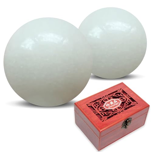 Natural Marble Baoding Chinese Meditation Balls, Stress Relief Hand Exercise Therapy Set with an Upgraded Shockproof Imitation Wood Box, 2-Piece Set,White Small-1.38" - color: White, size: Small-1.38"