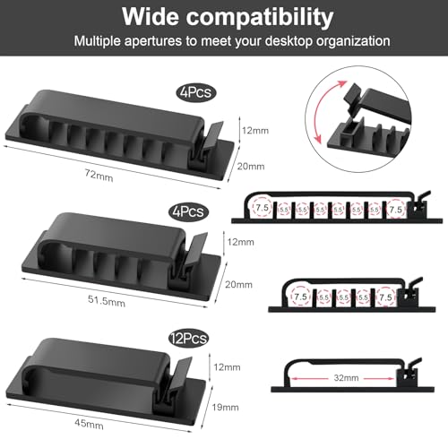 Cable Management Clips, 20Pcs Cord Organizers Wire Clips Cord Holder for TV PC Ethernet Cable Desk Home Office (Black) - color: Black
