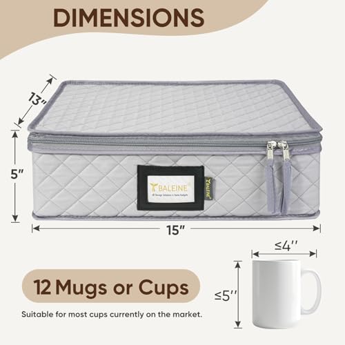 BALEINE China Storage Containers, Sturdy Quilted Wine Glass Storage, Plate Organizer with Carry Handles, Moving Boxes for Dishes, Cups, Mugs and Stemware (Mug Storage, Soft Shell Grey) - color: Grey, style: Mug Storage-Soft Shell