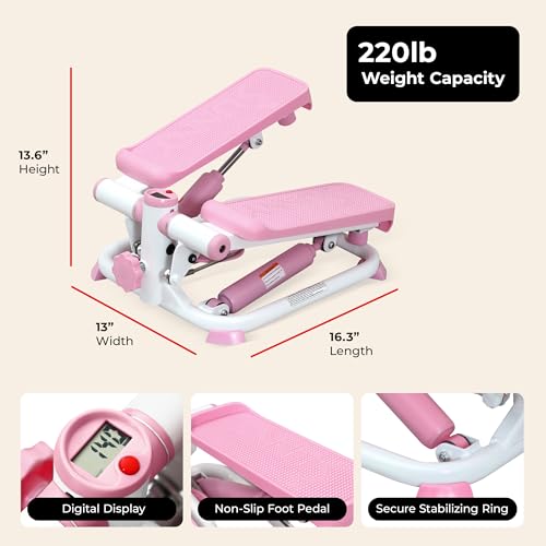 Sunny Health & Fitness Mini Steppers with Digital Monitor and Resistance Bands, Compact Low-Impact Cardio Machines for Home Workouts - color: Pink