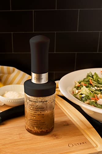 Cestari Glass Salad Dressing Bottle: Premium Borosilicate Salad Dressing Shaker with Mixer Insert | Leak Proof Salad Dressing Blender and Dispenser with Measurements and Recipes • Reusable Vinaigrette Cruet - color: Black
