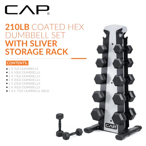 CAP Rubber Coated Hex Dumbbell Set with Storage Rack | 100–210 lb Options, Space-Saving Vertical Compact Storage for Home Gym Strength Training - size: 210 lb - Set - Silver Rack, style: Black Handle