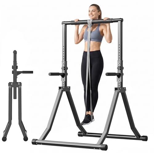 Foldable Pull Up Bar Station 58.3''-76.8'' Power Tower - color: 58.3"-76.8" with Dual Dip Handles & Assistance Bands