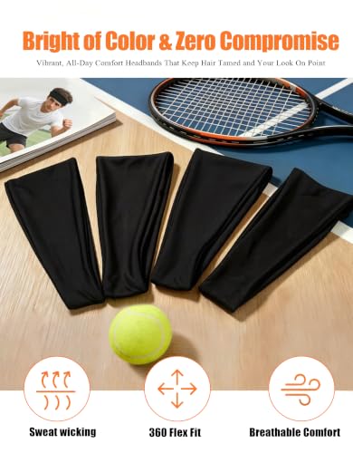Headbands for Men & Women, Sweat Headband Non-Slip Sweatband Sports Running Cycling Yoga Basketball Workout Football Training - color: Black 4 PCS