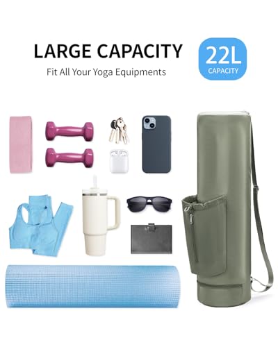 sportsnew Yoga Mat Bag, Full Zip Cargo Yoga Mat Carrier Bag with Drawstring Water Bottle Pocket and Bottom Wet Pocket, Exercise Yoga Mat Carrier Holder Multi-Functional Storage Bag Patent Pending - color: Army Green, size: Large pocket