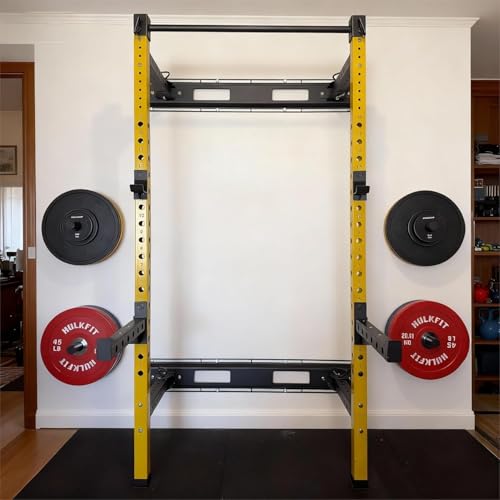 Fitvids Pro Series 2.35” x 2.35” Steel Folding Wall Mounted Power Rack Cage with Attachment Accessories - J Hooks and Height Adjustable Pull Up Bar