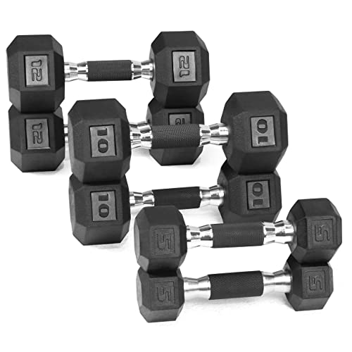 WF Athletic Supply Rubber Encased Hex Dumbbells with Rubber Grip Contoured Handle for Muscle Toning, Strength Building & Full Body Workout - color: n. 5LB, 10LB and 12LB Pair (Totally 54LB)