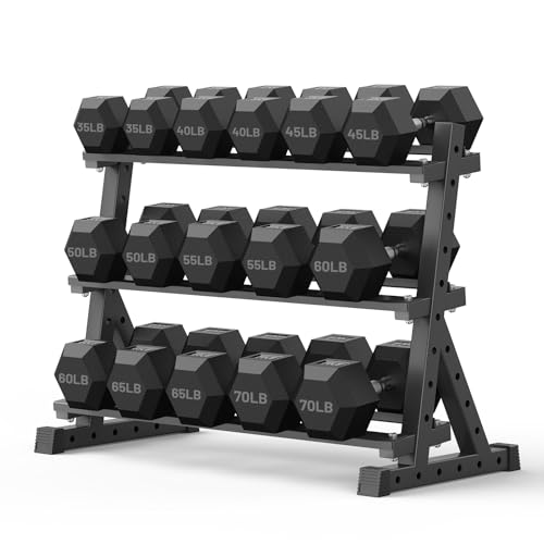 PAPABABE Dumbbell Set with Rack Dumbbells Rubber Encased Home Gym | PAPABABE Complete & Durable Cast Iron Core Odorless PVC Antiroll Hex Shape Ergonomic Chrome Handle Versatile Home Gym - size: 840LB with 3-Tier Weight Rack