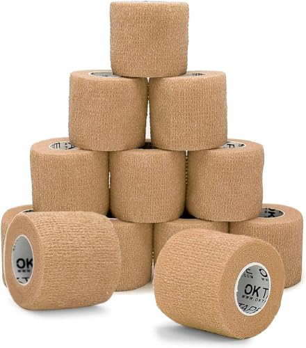 OK TAPE 12 Rolls Self Adhesive Bandage Wrap, Elastic Athletic Tape, Self Stick Bandage Tape, Vet Wrap, Medical Wrap for Wrist, Feet, 2" x 5 Yards - Beige - color: Beige, size: 2 Inch