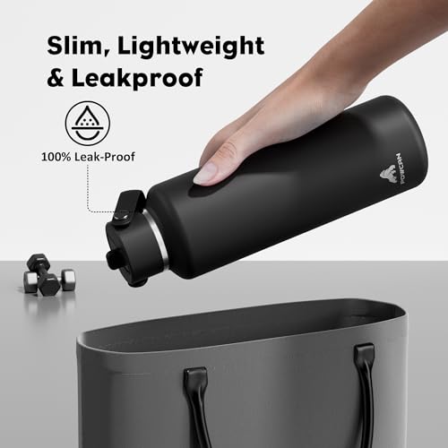 POWCAN 24 oz Slim Insulated Water Bottle with Straw: Leakproof, Keep Cold 24H, Cupholder Friendly, Top Handle, BPA-free, Stainless Steel Water Bottle for Sport, Travel, School, Gym (Midnight Black) - color: Midnight Black, size: 24 Ounces