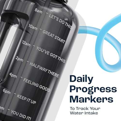 AQUAFIT Half Gallon Water Bottle with Motivational Quotes | BPA Free 64 oz Water Bottle with Straw and Chug Lids - Leakproof Gym Water Bottle with Carry Handle (Blue) - color: Blue, style: 64 oz - 2 Lids