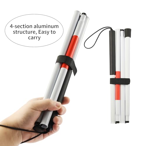 Folding Blind Cane Reflective Red Folding Walking Stick for Vision Impaired and Blind People, Lightweight, Non-Slip (52inch)
