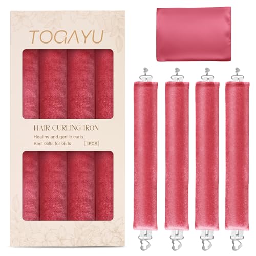 Heatless Curls Overnight Hair Care Set - Jumbo Velvet Hair Curlers | No Heat Hair Rollers for Women, Comfortable Sleep-In Hair Rollers with Satin Scarf, No Heat Damage Curling Rods for All Hair - color: RoseRed-4PCS