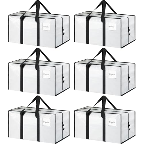 6 Pack Extra Heavy Duty Large Moving Bags with Strong Zipper & Comfortable Handles, Sturdy & Durable Clothes Storage Bags Totes Bins, Packing Moving Boxes for College Supplies, White - color: White, size: 6 Pack