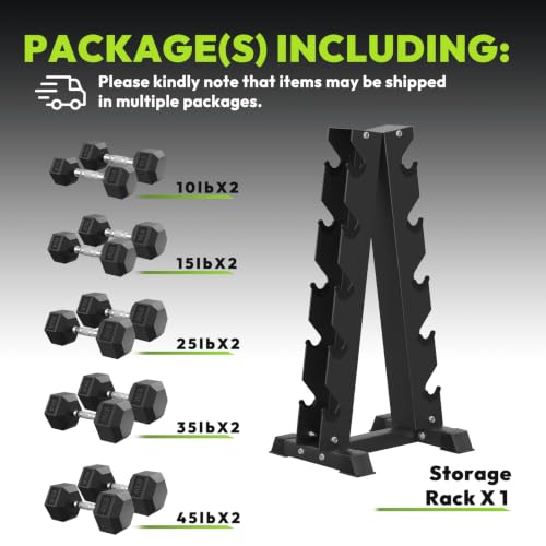 HANDBODE Rubber Coated Hex Dumbbell Set with A-Frame Rack, 100 lb - 600 lb Multiple Options Weight, Hexagon Non-Rolling Shape, Ergonomic Knurled Handle, Home Gym Equipment for Strength Training - style: 260 lb (10, 15, 25, 35, 45 lb) X 2 & Rack