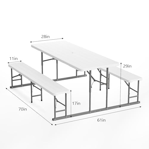 VINGLI Folding Picnic Table and Bench Set with Umbrella, Portable Outdoor Dining Furniture for Camping, Patio, Backyard, Wood Grain Plastic Top with Metal Frame with Light Blue Umbrella - color: White, style: With Light Blue Umbrella