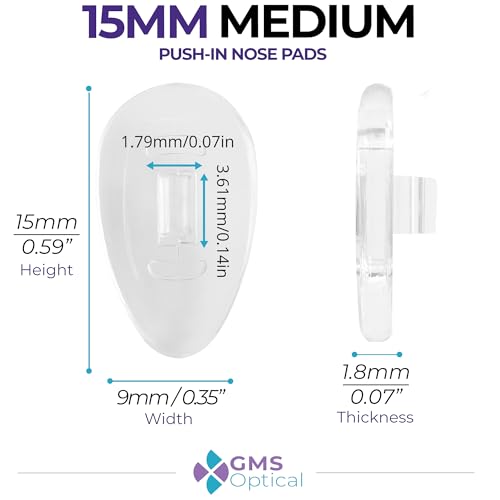 GMS Optical Push in Silicone Nose Pads for Glasses | 15mm Medium, 8.2mm Wide Width | Non Slip Nose Grips, Eyeglass Accessories for Glasses & Sunglasses, Provides Comfort & Stability (5 Pairs, Clear) - size: (M) 15mm - 5 Pairs