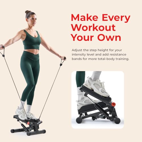 Sunny Health & Fitness Twist Steppers with Resistance Bands, Compact Mini Stair Step Machines for Low-Impact Home Cardio Workouts - color: Black Matte