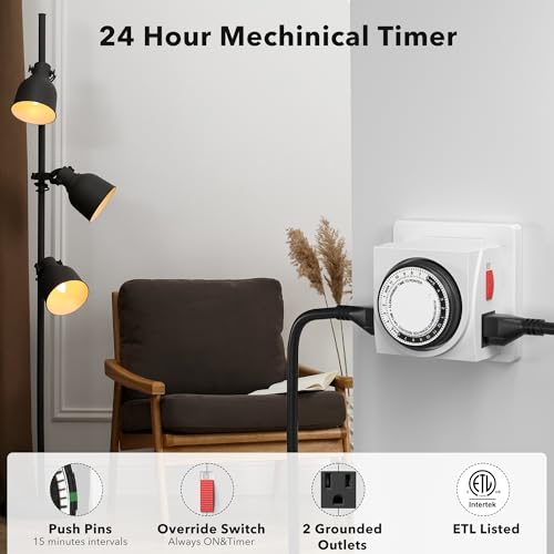 BN-LINK Heavy Duty Mechanical 24 Hour Timer Dual Outlet 3-Prong Accurate Indoor for Lamps Fans Christmas Lights White AC 1875W 1/2 HP, ETL Listed - size: 3-Prong, 1-Pack, 2 Outlets, Heavy Duty