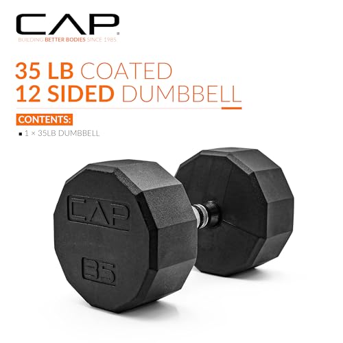CAP Rubber Coated Dumbbell Weights, Free Weights for Home Gym Strength Training, Anti-Roll Hex Dumbbells with Black, Chrome & Comfort Grip Handles, Singles - size: 35 lb, style: 12-Sided - Chrome Handle