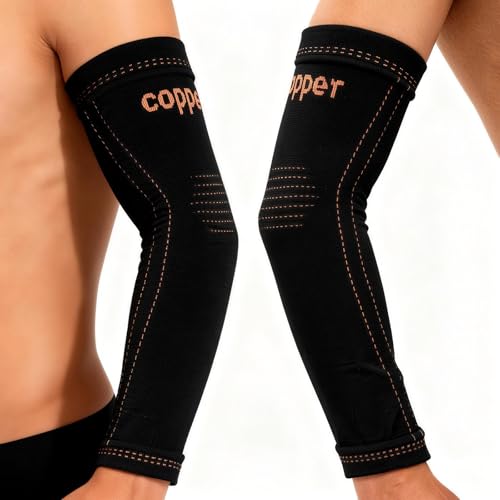 Arm compression Sleeve (1 Pair),Copper Elbow Compression Sleeve,Elbow Brace for Tennis Elbow Tendonitis,Full Arm Sleeve for Men & Women,Sports Support & Recovery (Black, Medium) - size: Medium