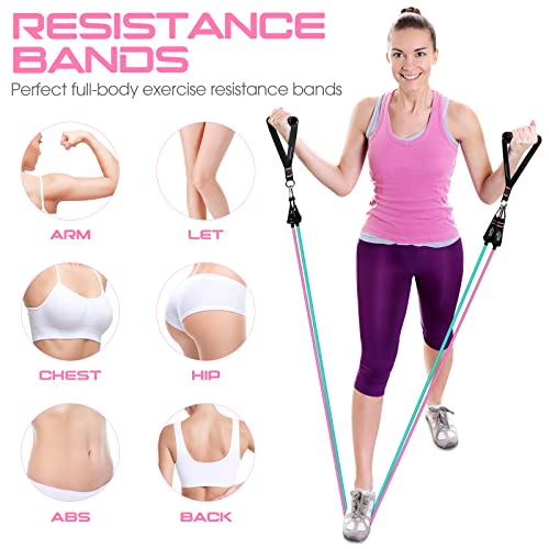 RENRANRING Resistance Bands for Working Out, 150LBS Exercise Bands, Workout Bands, Resistance Bands Set with Handles for Men Women, Legs Ankle Straps - color: Black, Gray, Blue, Medium pink, Pink, size: 51.0 inch (Pack of 2)
