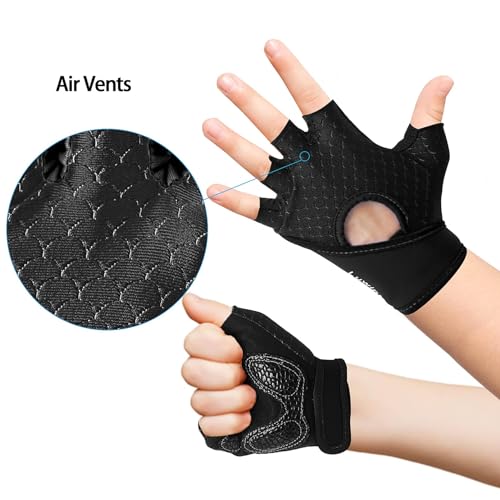 Luwint Kids Workout Gloves, Ventilated Grip Exercise Gloves for Boys and Girls Weightlifting Hanging Gym, Children 3-12 Years - color: Black, size: Large